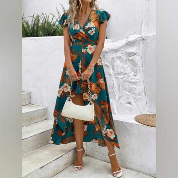 Tropical Print Butterfly Sleeve High Low Hem Dress - Picture 5 of 5